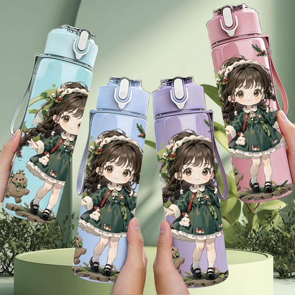 1PC Dark Green Dress Girl Nature Scene Pattern 750ml Color Plastic Sports Water Bottle Leakproof Flip Straw Lid Suitable for Sports Office Home Use