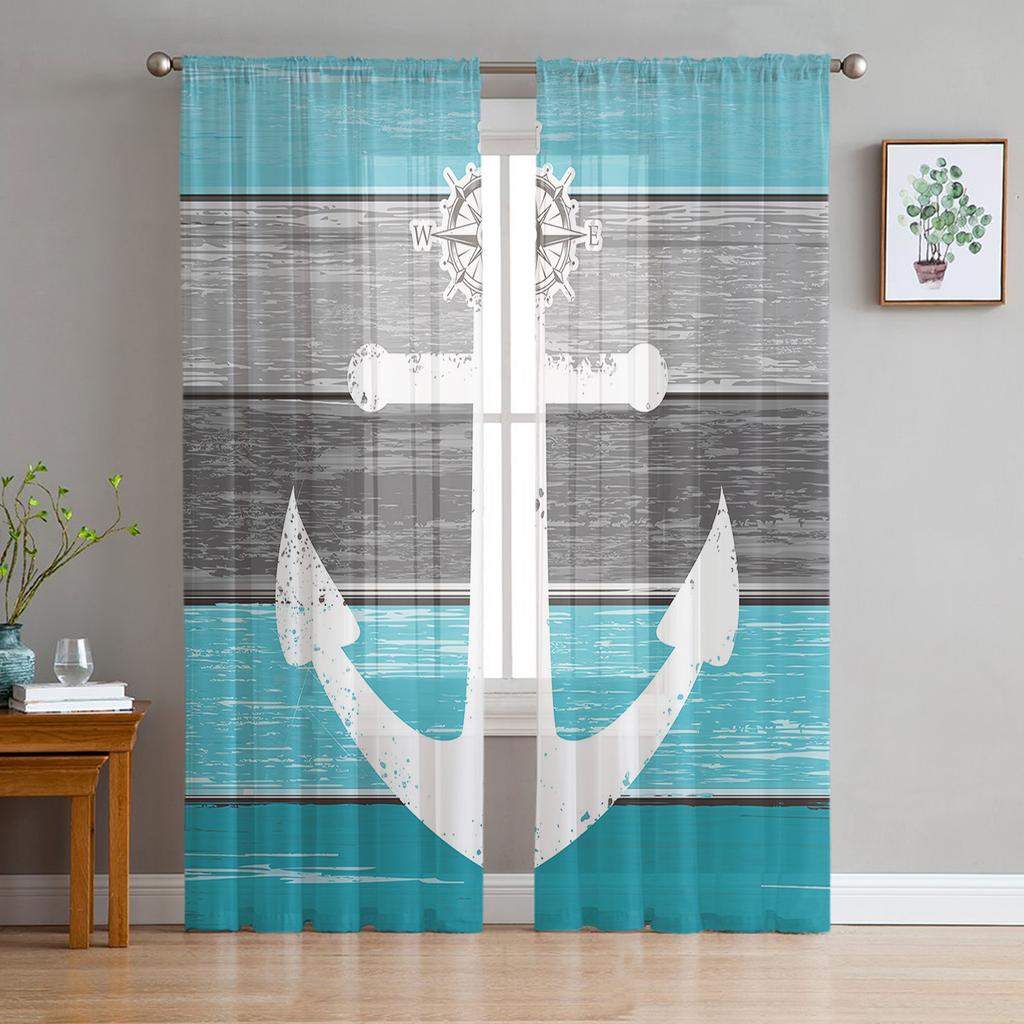 Vintage Farm Barn Wood Grain Boat Anchor Sheer Curtains for Living Room Modern Bedroom Voile Tulle Curtain Window Drapes