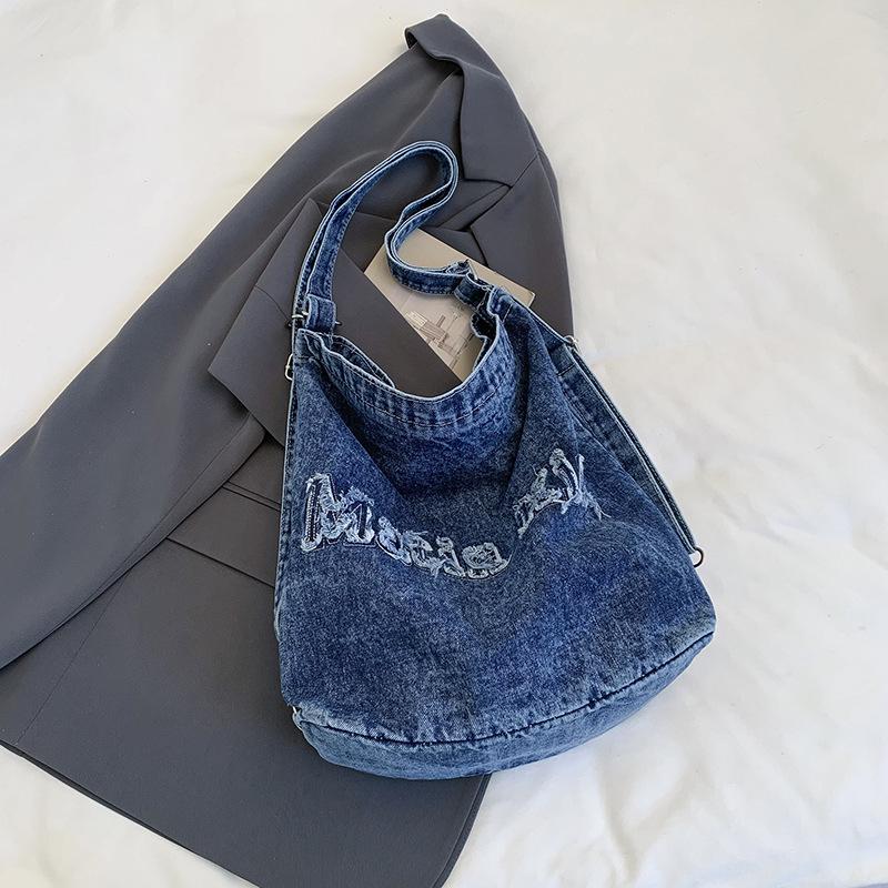 2026 Summer Women's Retro Denim Tote Bag - Large Capacity Casual Shoulder Bag for Students