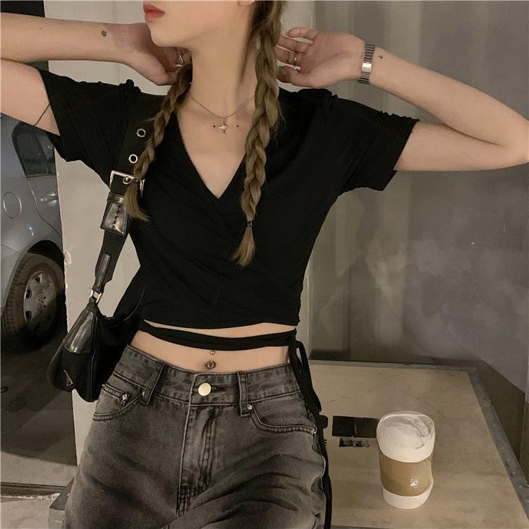 Letní sexy ramínko s výstřihem do V, ležérní slim tričko dámské streetwear Harajuku pevné krátké rukávy trička pro ženy Y2k crop topy vintage oblečení