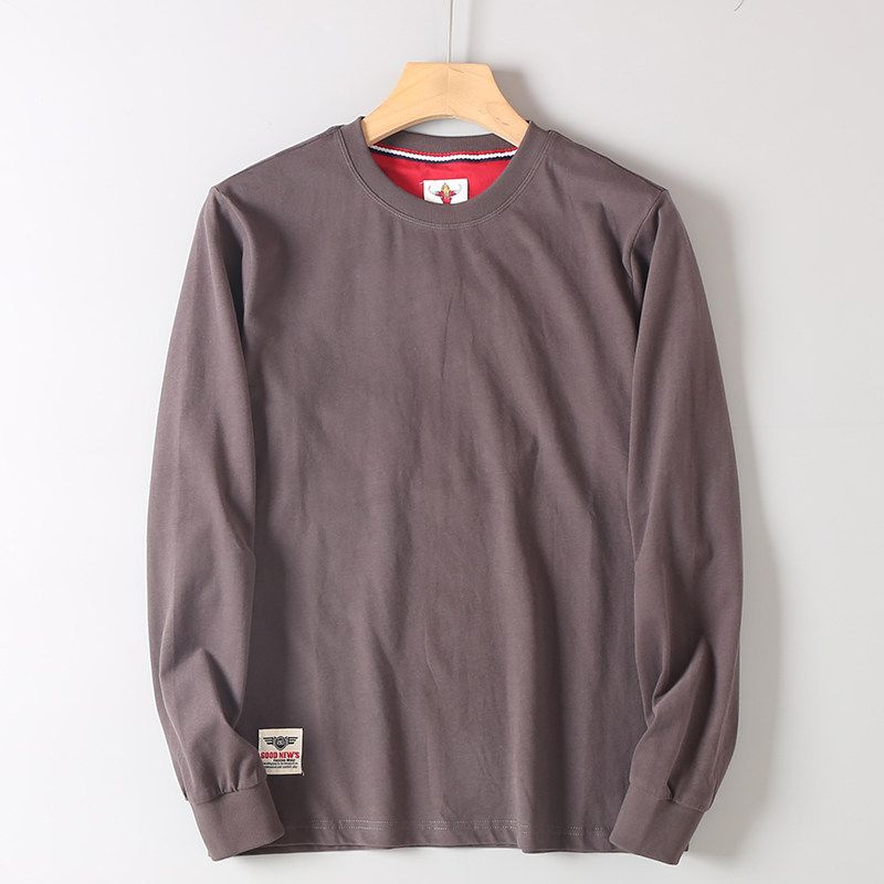 Export Surplus Cotton Round-Neck Solid Color Long-Sleeve T-Shirt for Men, Washed and Brushed, Hk Cut Label, Comfortable Base Layer Shirt