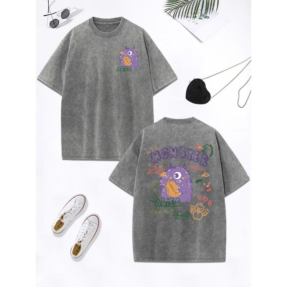 Purple Plush One-Eyed Monster Prints Washed T-Shirts Women Cotton Oversized Tops Comfortable T Shirt Summer Woman Clothes