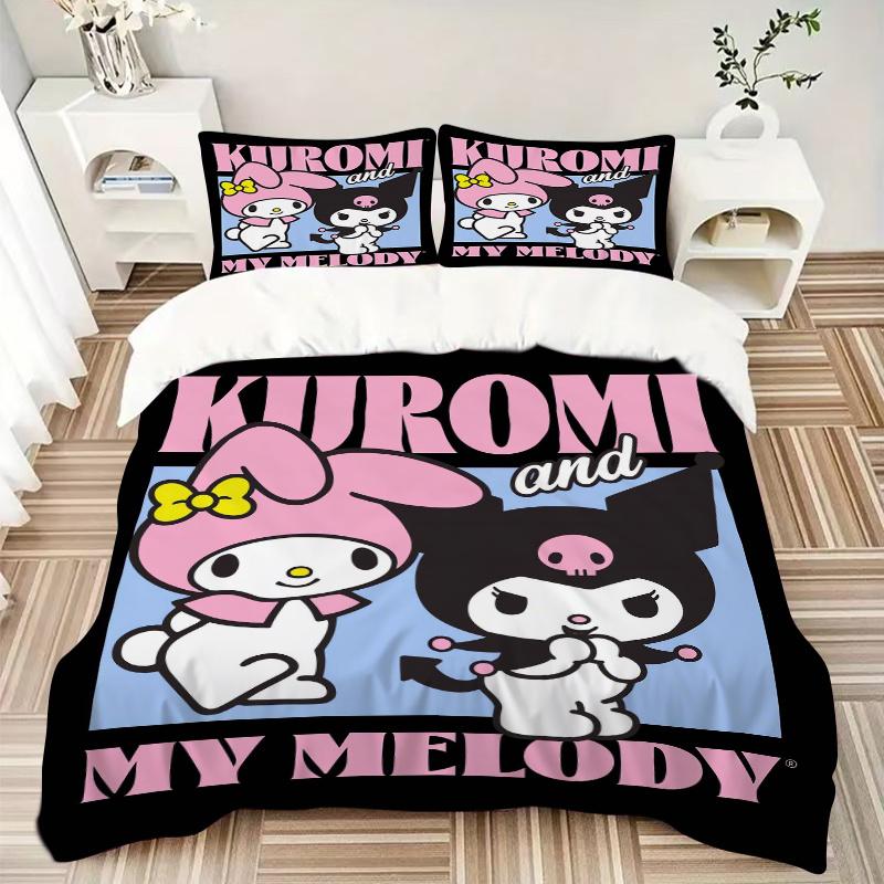 3pcs Kuromi and My Melody Sanrio Pattern Bedding Set, 1* Cover + 2*Pillowcases, Printed Bedding Set, Soft and Comfortable.W051
