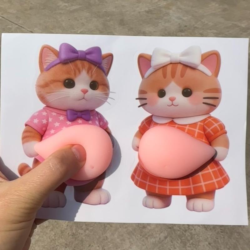 Chubby 3D Kitty Stickers Squeeze Toy Soft Cute Cat Belly Sticker Fidget Toy Squeezable 3D Cat Adhesive Stickers Home Decor