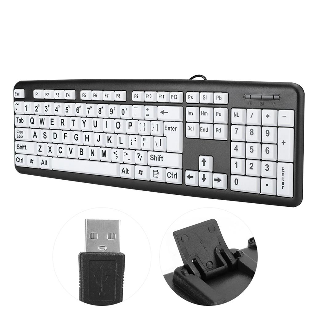 Black Low Vision Keyboard USB Wired Old People Keyboard with White Large Print Keys US Layout QWERTY