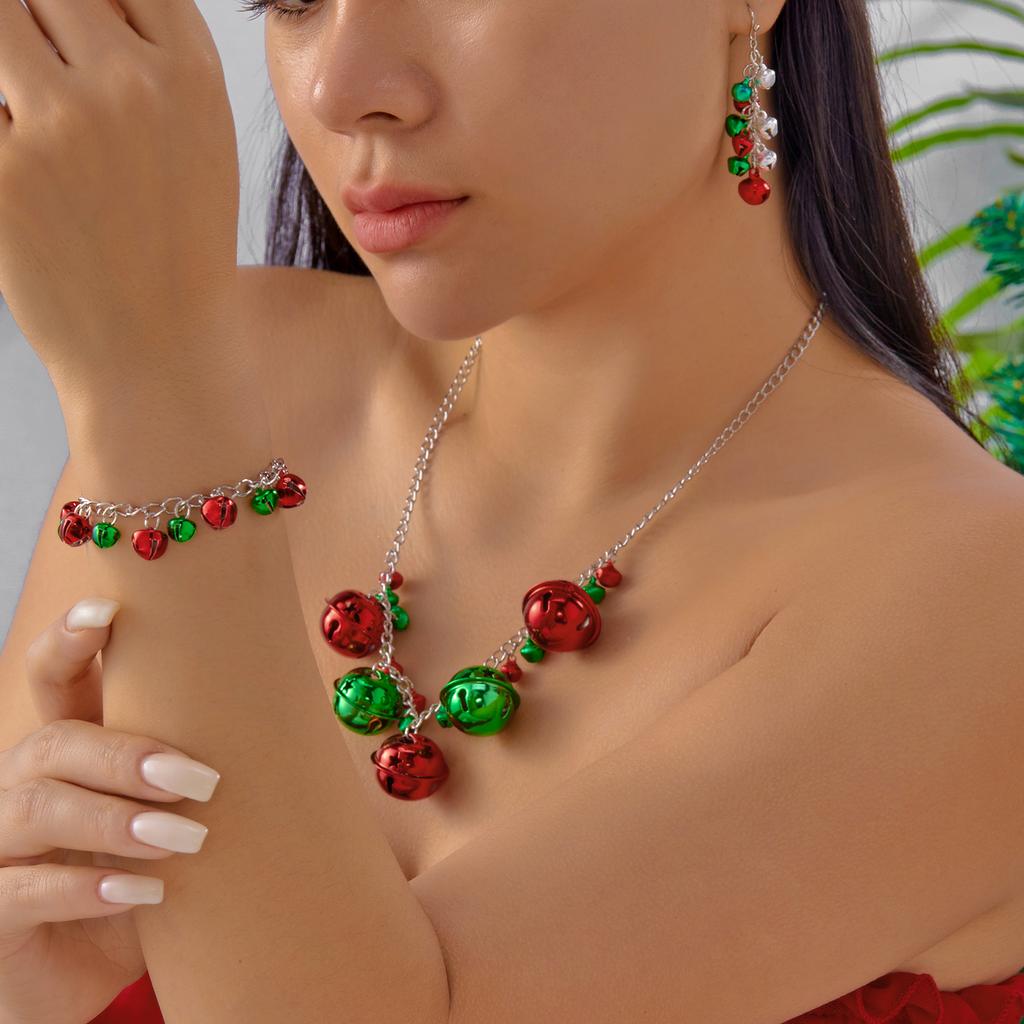 Creative Christmas Red Green Bells Jewelry Set For Women Girl Exaggerate Bell Beaded Necklace Bracelet Earrings Festival Jewelry