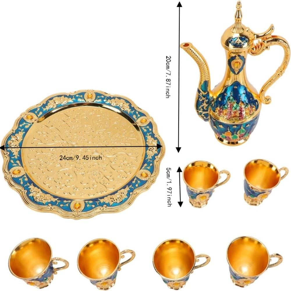 Zinc Alloy Turkish Coffee Pot Set Shiny Crystal Tray Metal Cup Set Wine Server Set Table Decor