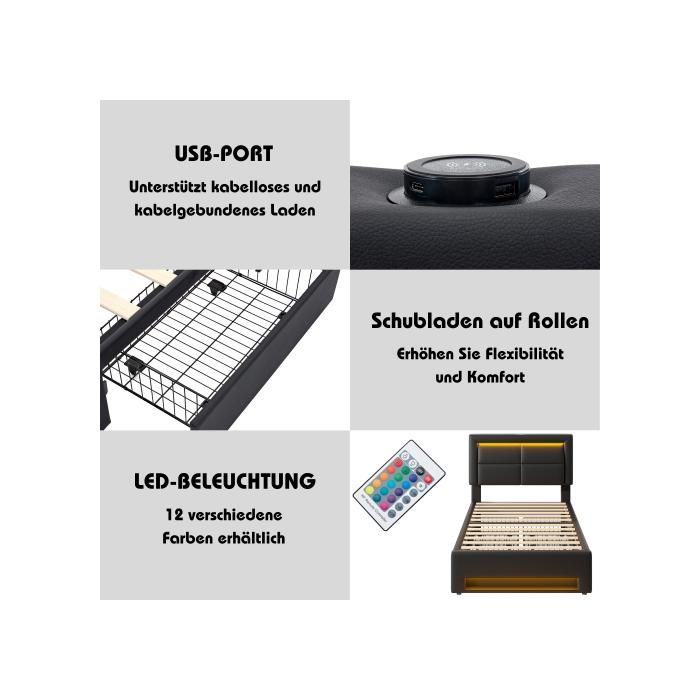 Lit rembourré - MUVOE - 90x200 cm - avec port USB - éclairage LED - 4 tiroirs noir