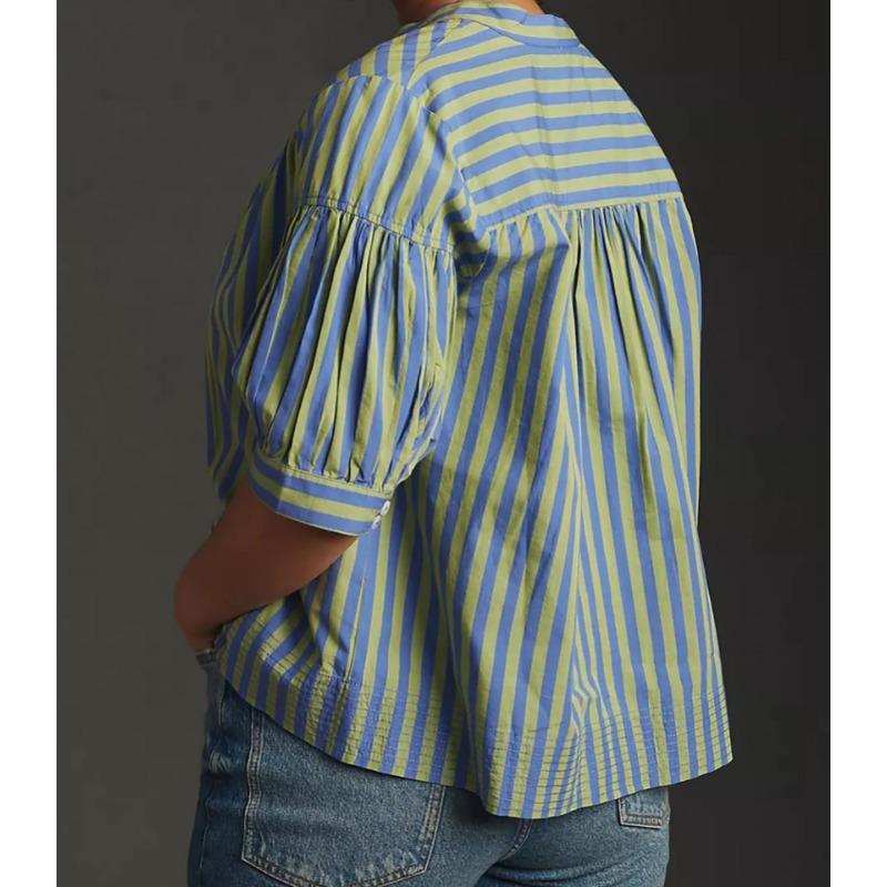 Fashion Loose Striped Lantern Short Sleeve Summer Shirt Women Loose Casual Simple Blouse Office Ladies Elegant Basic Streetwear Women's Clothing