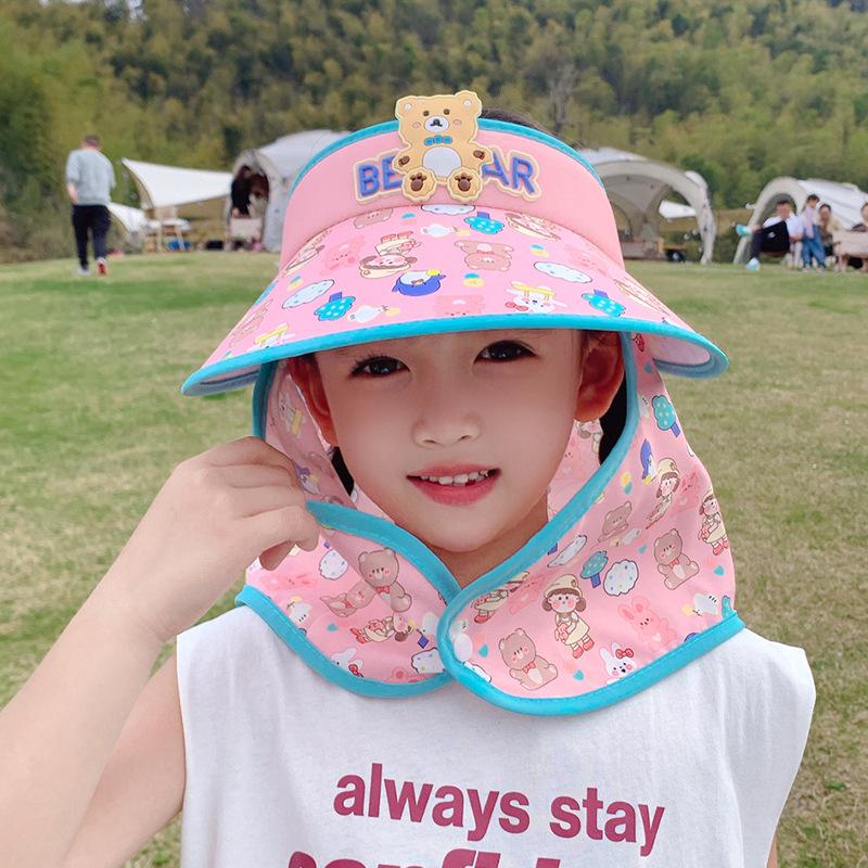 1141 Children's Hat Summer Big Brim Sun Protection Visor Cartoon Cute Boys and Girls with Shawl Empty Top Hat