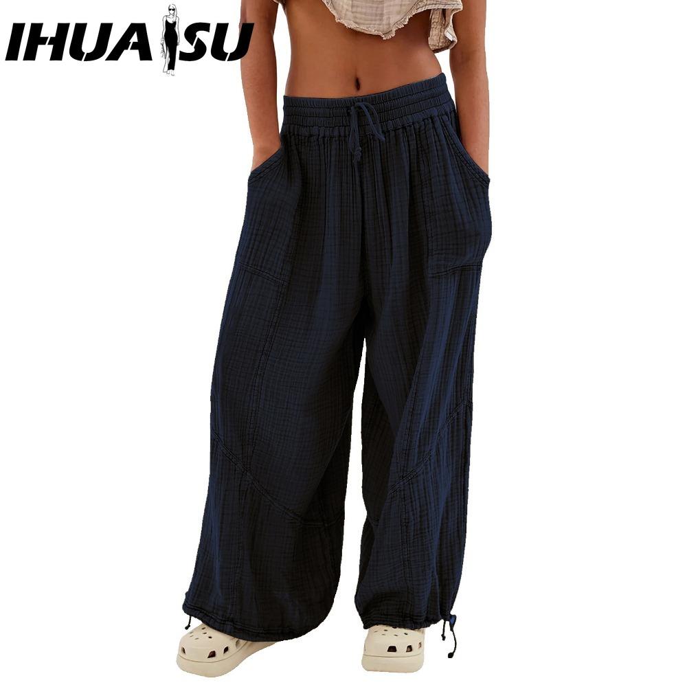 

IHUASU 8 цветов Женские брюки с высокой эластичной талией Широкие штанины Свободные брюки Глубокий жилет Плиссированные щиколотки Карманы Однотонные Мягкие женские повседневные брюки XL темно-синий