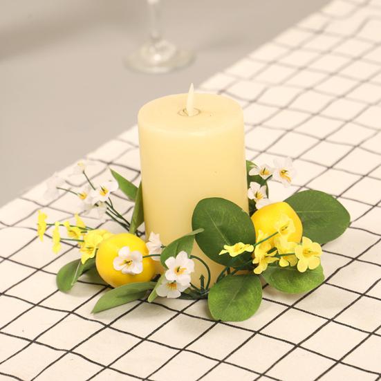 Lemon Flower Wreath Candle Ring Artificial Leaves Spring Greenery Garland Pillar Candle Home