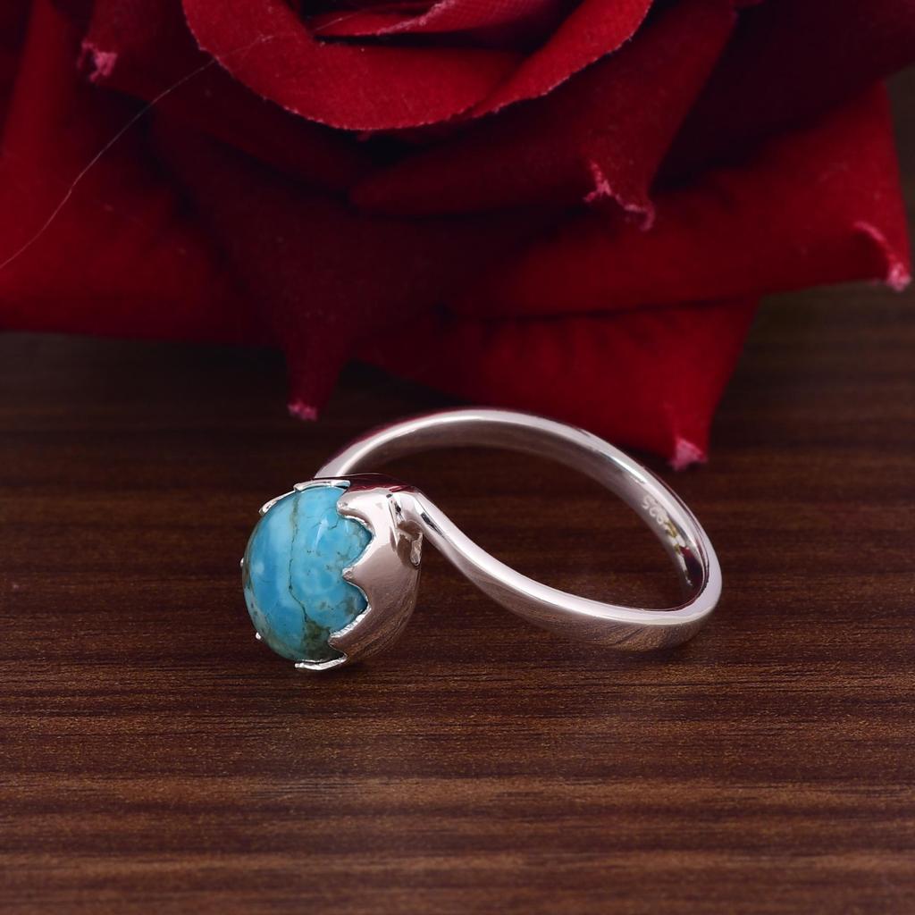 Handmade Turquoise Ring, Open Band Silver Ring, Heart Shape Gemstone Ring for Women