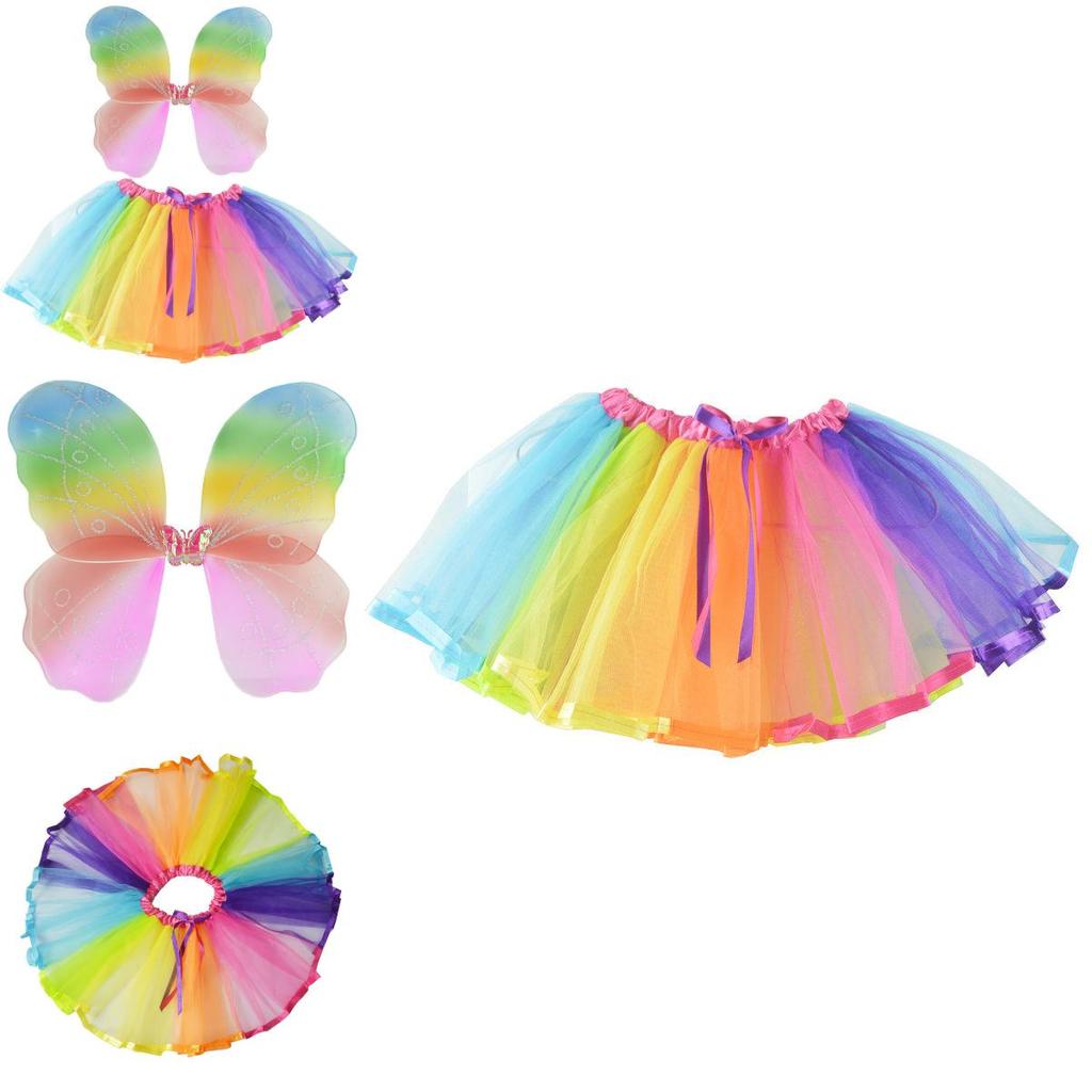 Halloween Dancewear With Rainbow Net Skirt And Single Layer Wings For Kids Party