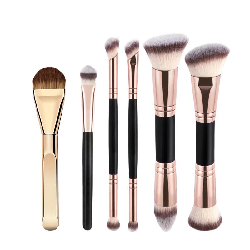Dual-Head Makeup Brush Set: Foundation, Blush, Loose Powder Brushes In Coffee Color.
