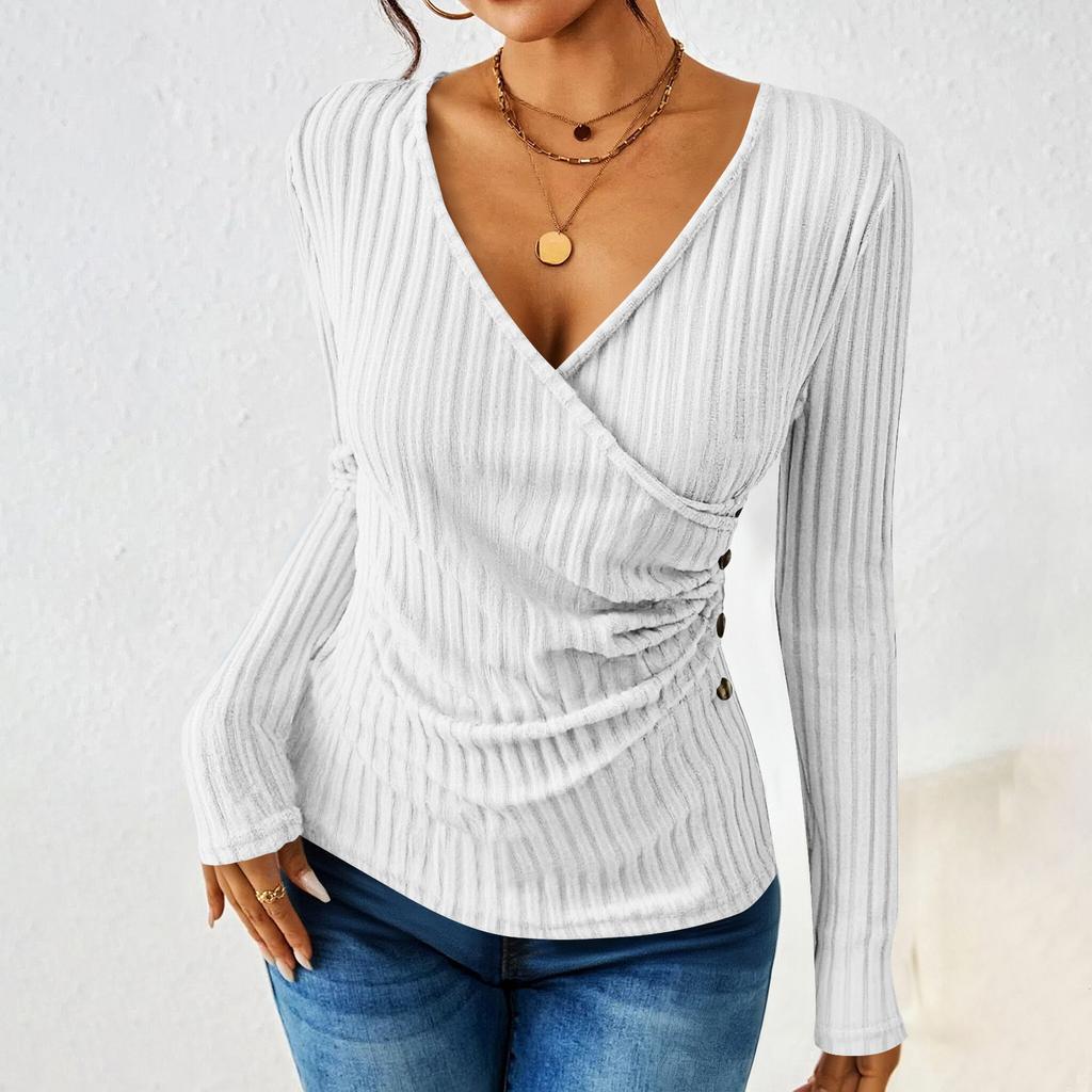 Women's Fashion Casual Long-Sleeve V-Neck -Color Pullover Knit Top