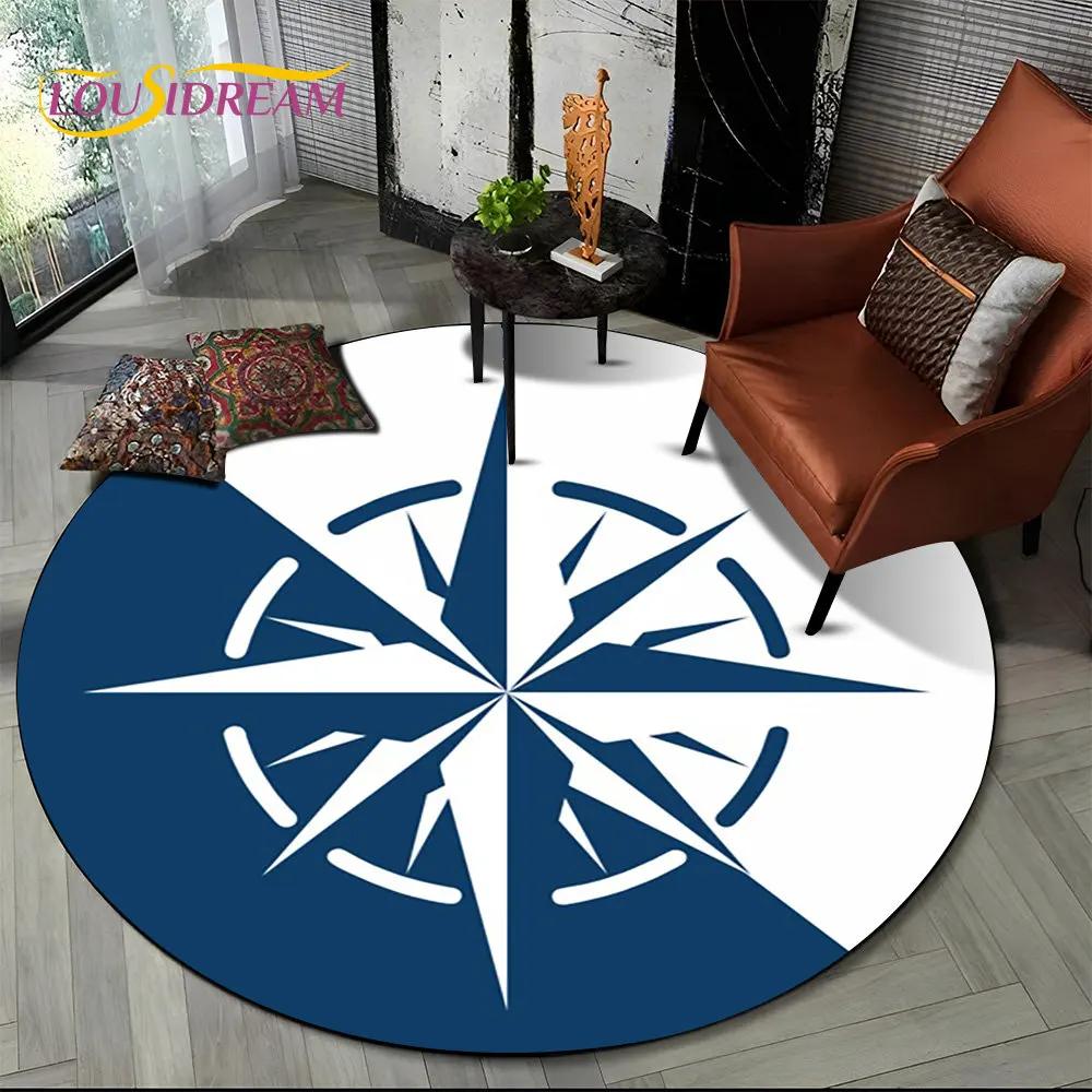 3D Retro Kompass Serie Kreis Teppich,Runder Teppich für Wohnzimmer Schlafzimmer Sofa Fußmatte Dekor Rutschfeste Bodenmatte Geschenk