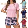 2 Pcs/Set Women Summer Pajama Set O Neck Letter Print Short Sleeves T-shirt Drawstring Elastic Waist Plaid Pattern Homewear Two Piece Set Sleepwear