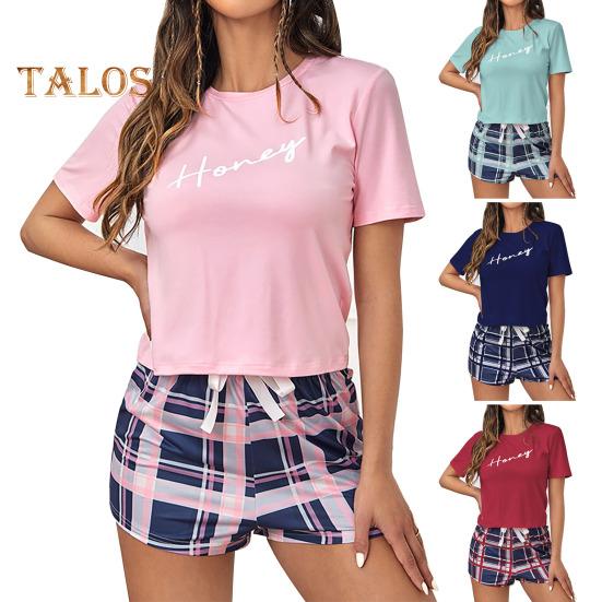 2 Pcs/Set Women Summer Pajama Set O Neck Letter Print Short Sleeves T-shirt Drawstring Elastic Waist Plaid Pattern Homewear Two Piece Set Sleepwear