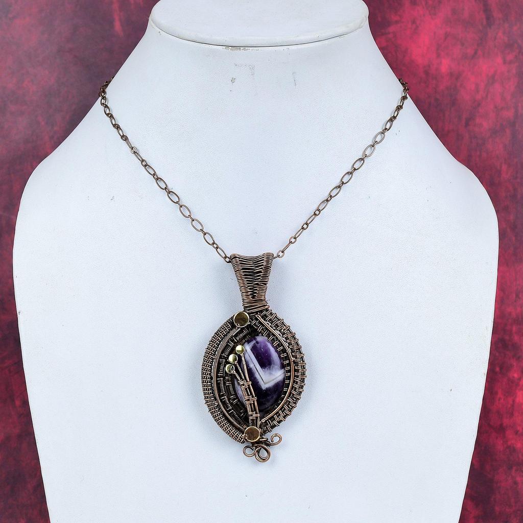 Chevron Amethyst Pendant Copper Wire Wrapped Pendant Natural Gemstone Pendant Copper Wire Wrap Jewelry Gifts for Her Handmade Dainty Pendant