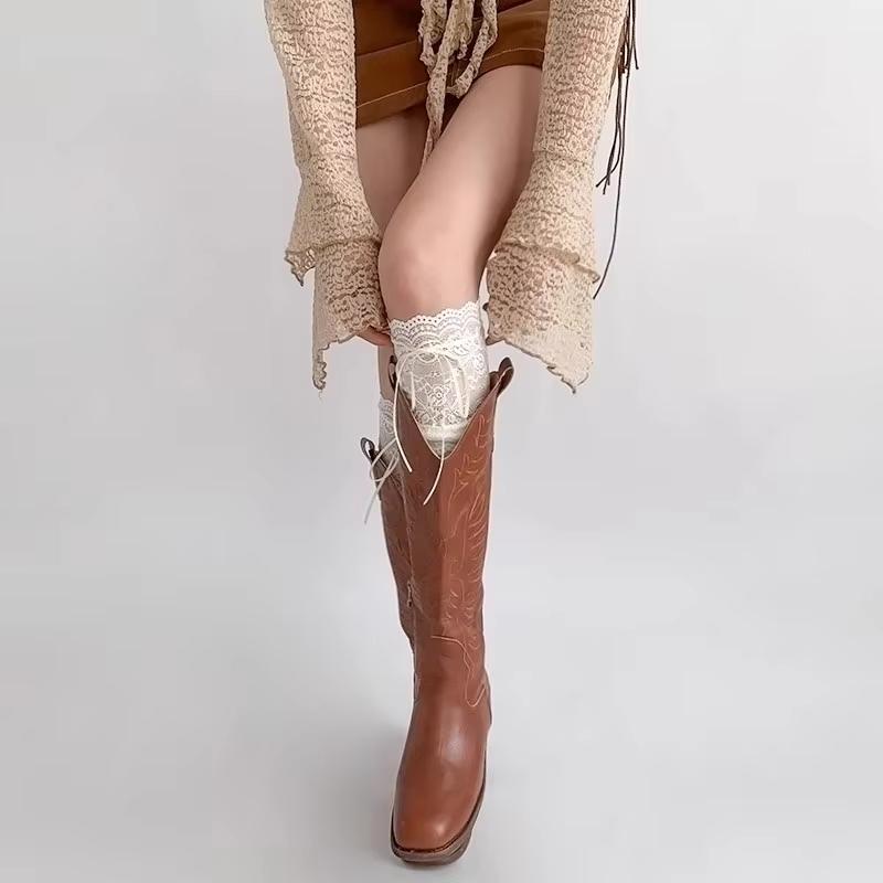 Girls Lolita Velvet Stockings White Knee Length Stockings Lace Splicing High Tube Sock Ribbon Bowknot Long Socks Women Footwear