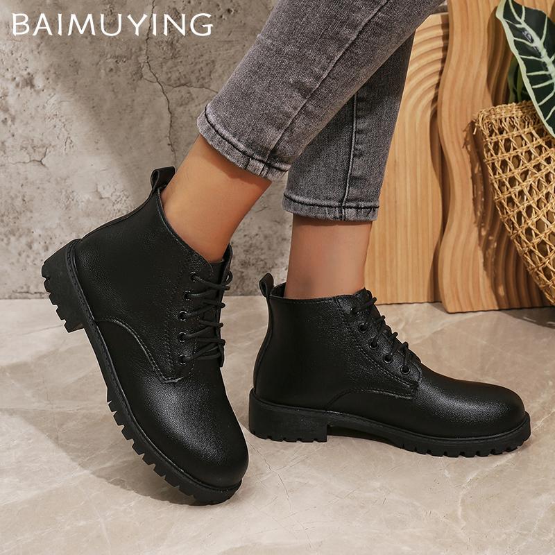 Winter Women Ankle Boots Leather Flats Designer Lace Up Shoes 2024 Trend New Brand Classic Motorcycle Boots Goth Botas De Mujer