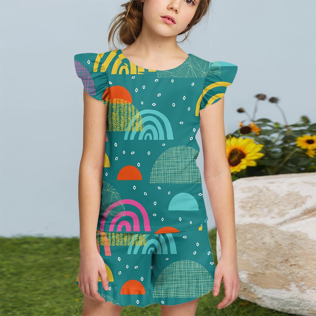 Summer Girls Cute Suit Flying Sleeves T-shirt Top + Ruffled Shorts Daily Outdoor Wear Cute Casual Fashion 2-Piece Set