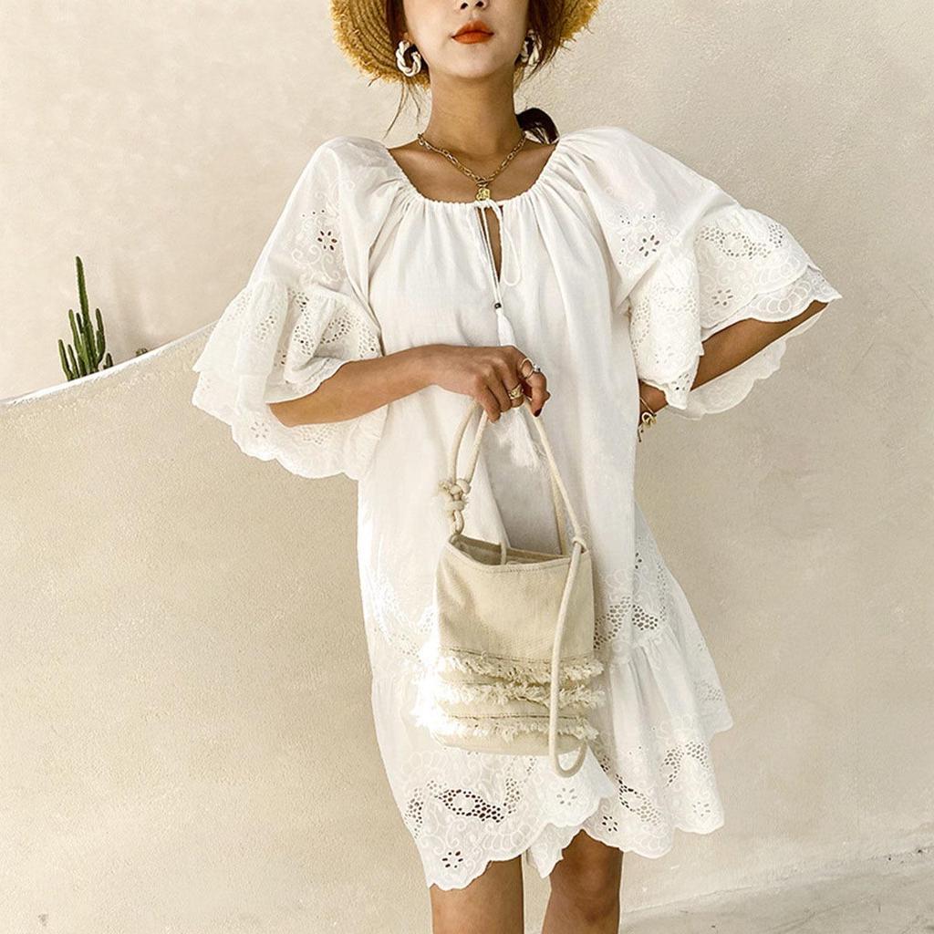 2025 Summer European-American White Lace Cotton Short Sleeve Commuter Dress
