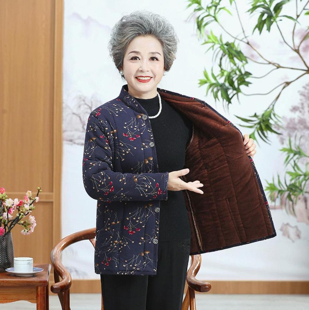 Floral Padded Winter Jacket for Moms - Fleece-Lined Cotton Coat for Middle-Aged and Elderly Women