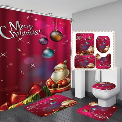 4-teiliges Duschvorhang-Set mit Weihnachtsmotiv, für Badezimmer, rutschfeste Badezimmerteppiche, Deckel, Toilettendeckel, Badematte