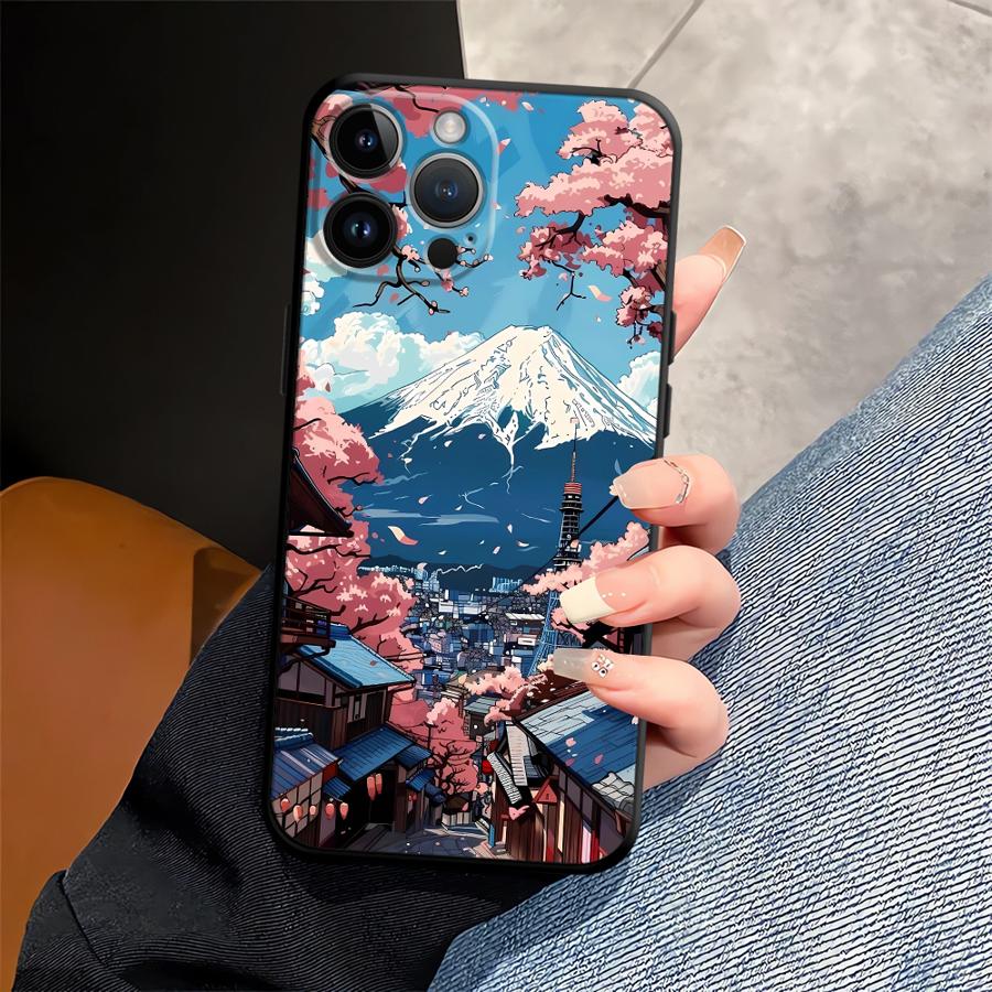 Black Soft Phone Cover Case for iPhone XS Max 15 16 14 Plus 13 12 11 17 Pro Max 17Air XR 7 8 Japanese Mount Fuji Scenic Area