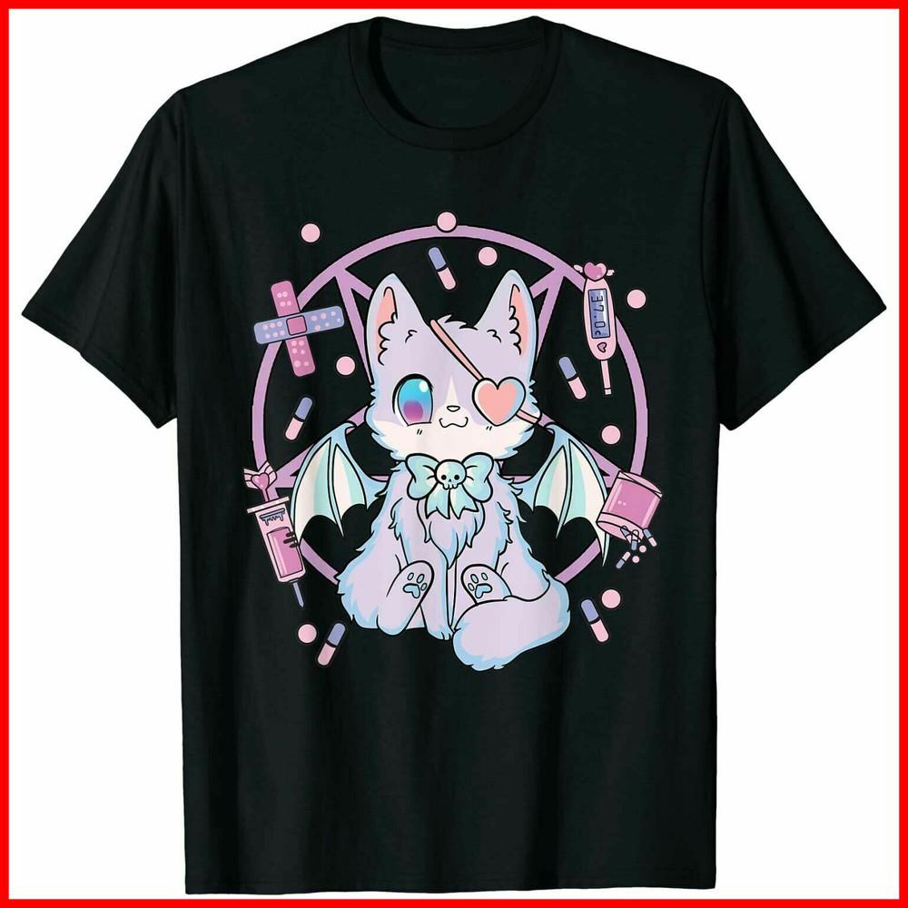 Пастельный Гот Кавайи Кот Черная Хлопковая Футболка S-3XL Унисекс Футболка S