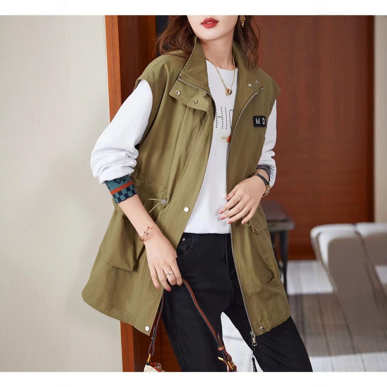 

Жилеты Женские Корейский Воротник-стойка Без рукавов Куртка Весна Лето Свободное Пальто на молнии Мода Большой размер Свободный Жилет Женский 4XL XXXL хаки