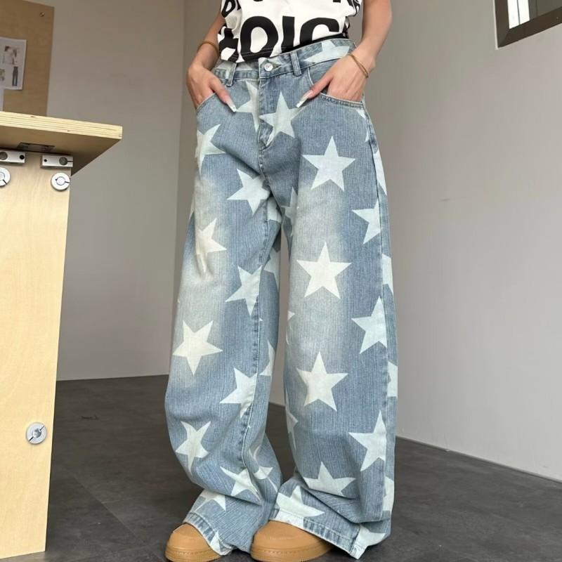 Washed Star Print Straight Fit Denim Pants Unisex Loose Wide Leg Streetwear Jeans