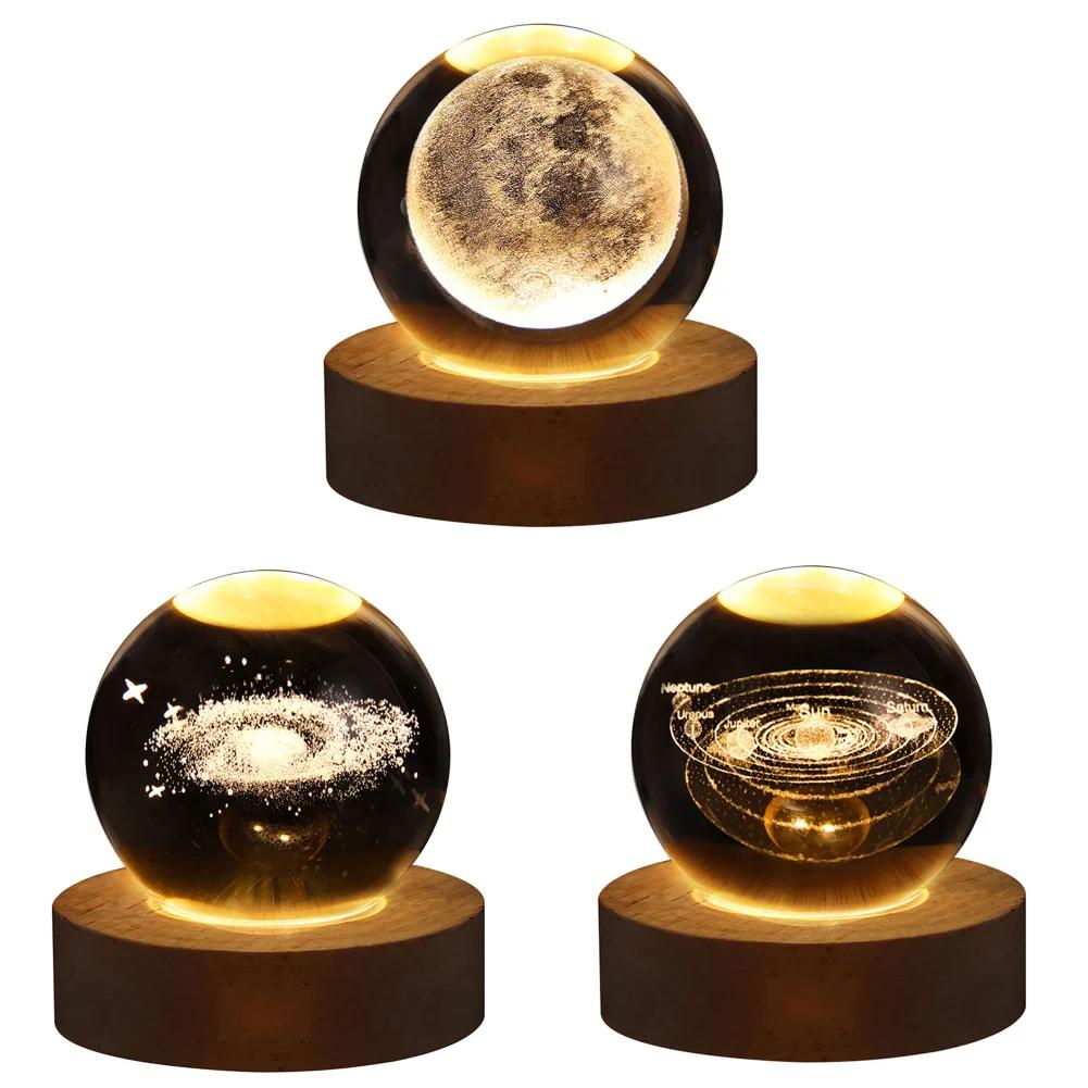LED Crystal Ball Lamp Milky Way System Crystal Ball Glowing Solar System Crystal Ball with Wooden Base Glass Planet Nightlight