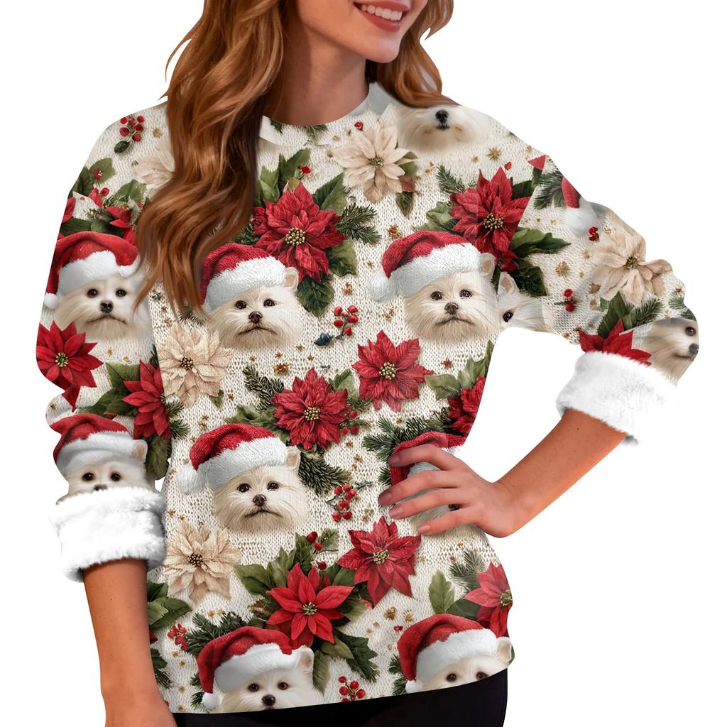 Women's Fashion Casual Long Sleeve Christmas Printed Round Neck Top Sweatshirt