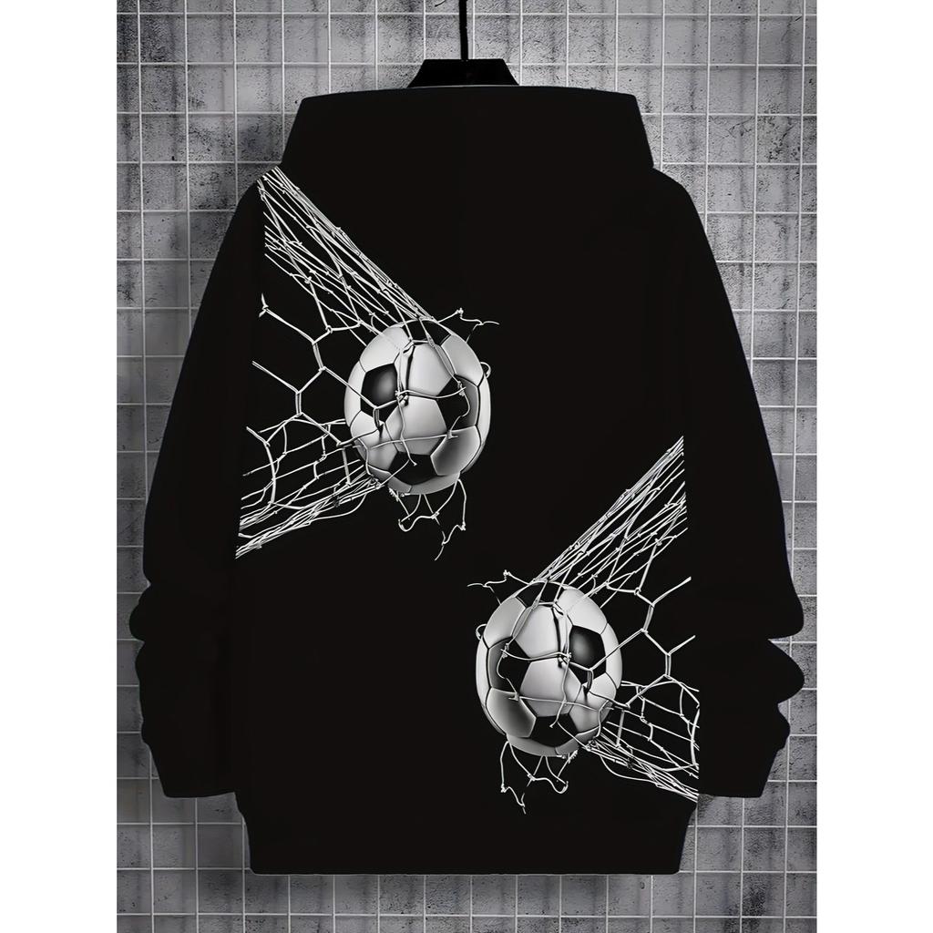 Boys' 3D Printed Football and Spider Web Pattern Hoodie - Black Casual Long Sleeve Sports Top