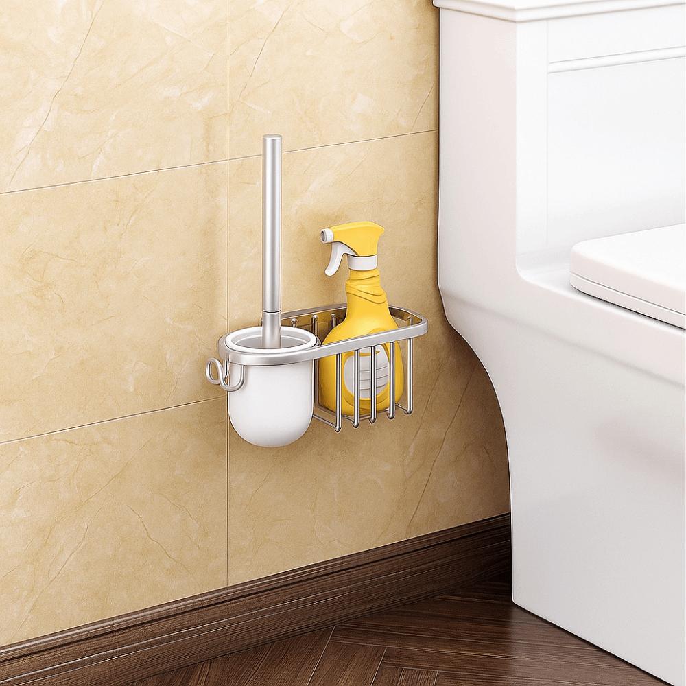 Rustproof Toilet Brush Holder Nail Free Installation Hygienic Wall-Mounted Toilet Brush with Hook No Dead Angle Toilet Brush