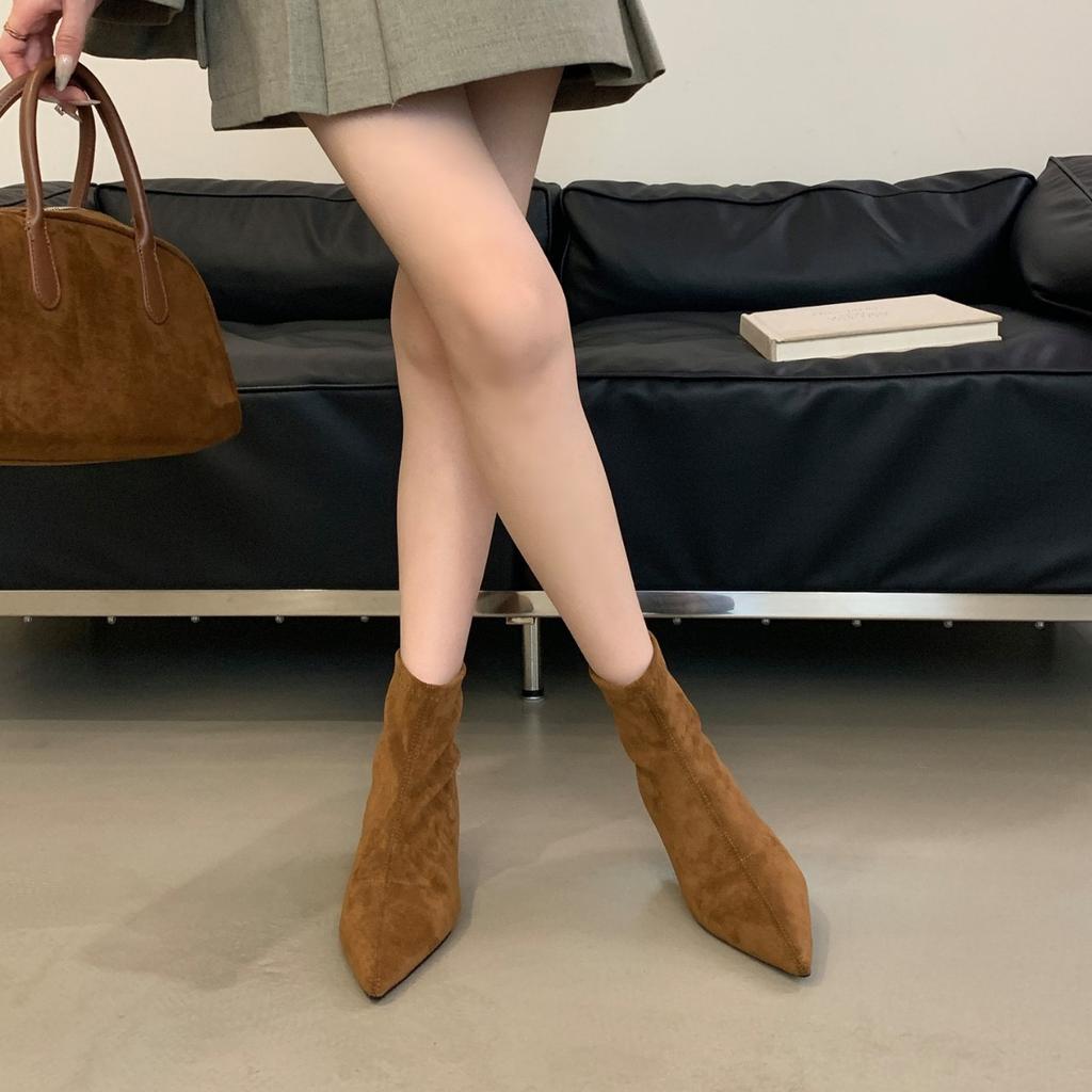 Suede simple pointed short boots women's 2025 autumn and winter new rear zipper women's boots Korean version thin boots fashion boots women