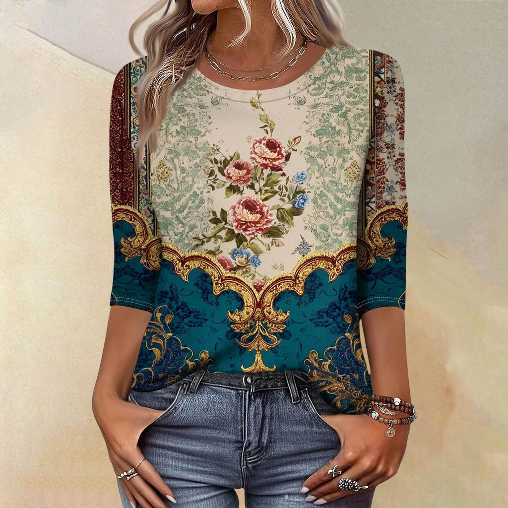 Módní vintage top s 3/4 rukávem pro ženy, dámská ležérní halenka s tříčtvrtečním rukávem a kulatým výstřihem s potiskem