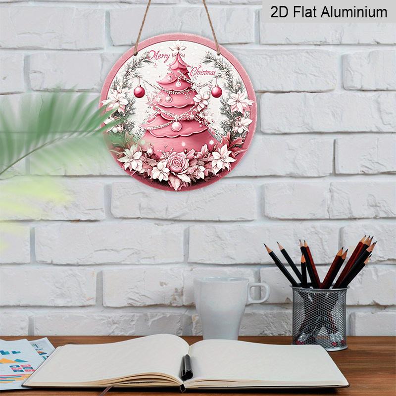 2D Flat, 1pc Merry Christmas Pink Tree Aluminum Sign - Soft Pink Christmas Tree with Golden Accents, Merry Christmas Farmhouse Front Door Wreath