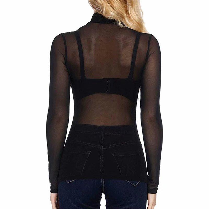 Womens See Through Long Sleeve High Neck Arm Shaper Top Mesh Blouse Casual T-Shirt