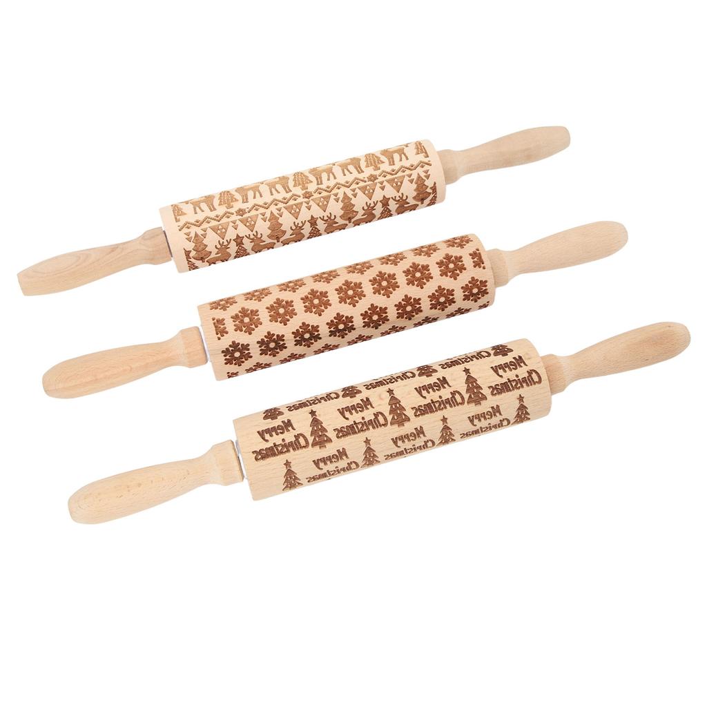 3Pcs Wooden Embossed Rolling Pin Cute Christmas Pattern Engraved Embossing Rolling Pin for Baking