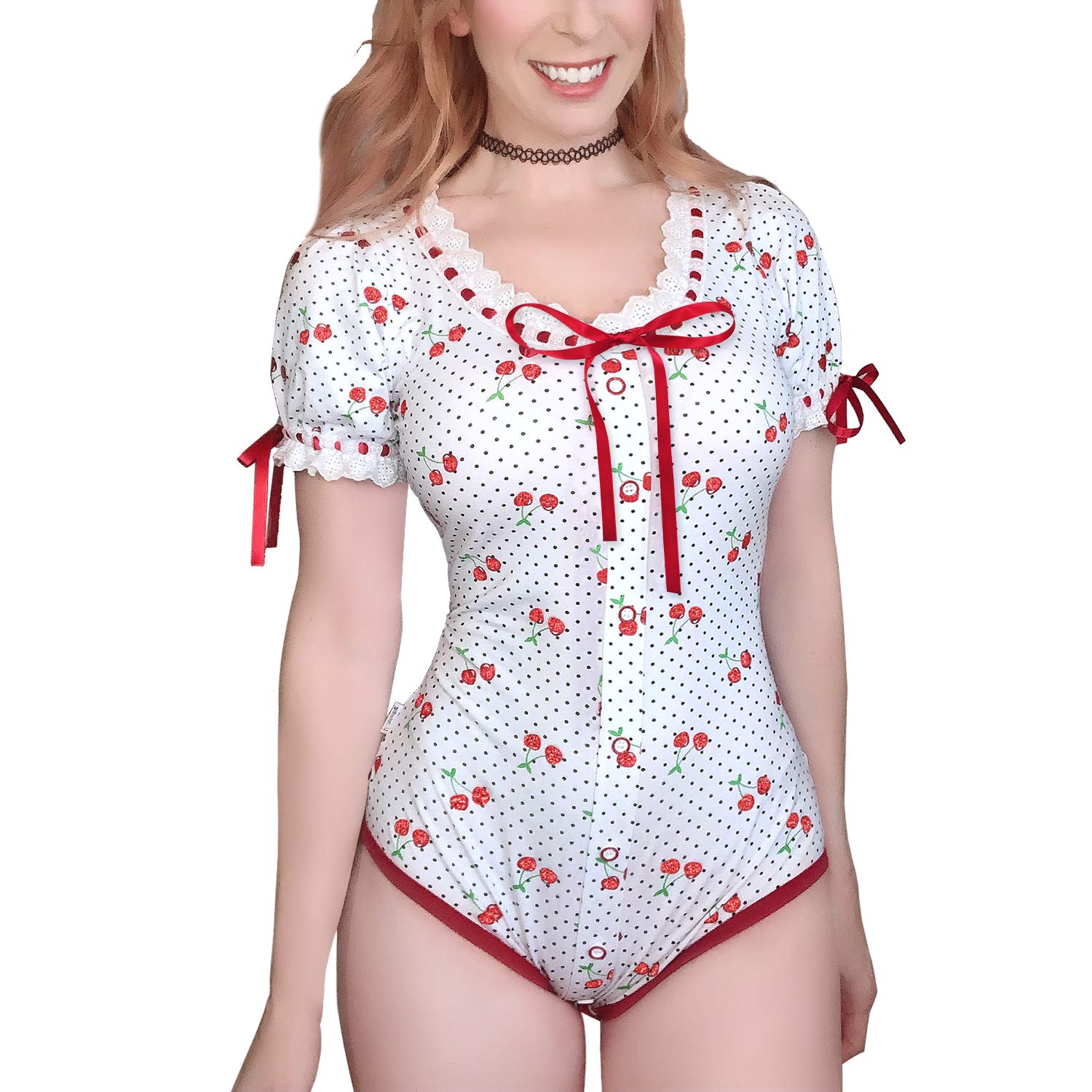 

[LittleForBig] Adult Lolita Romper [Sparkling Cherry Print] Ribbon Bow Lace Cotton Pajamas, Size S