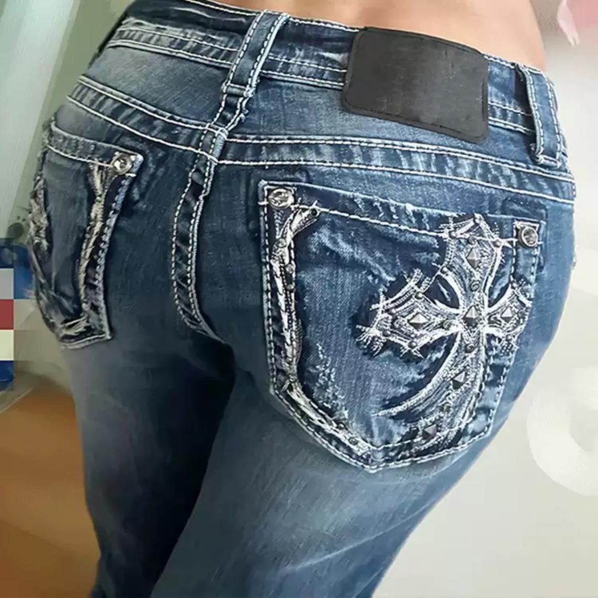 

Y2k Retro Gothic Rhinestone Wing Embroidered Jeans Womens Slim Low Rise Flared Denim Pants Fashion Streetwear Ladies Clothes XXL