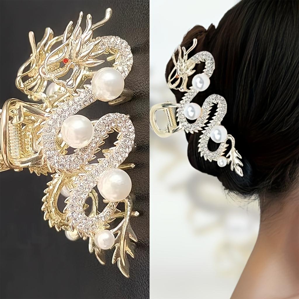Large Dragon Design Hair Claw Clip Half Up Hairpin Hair Accessory with Pearl Detail and Rhinestone Embellishments for Elegant Updos