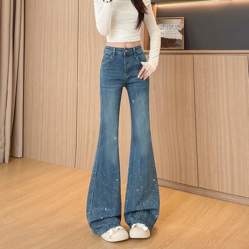 Jeans de Micro-Campana de Tiro Alto con Pedrería Brillante – Pantalones Acampanados Elásticos de Corte Ajustado para Mujer para Primavera/Otoño