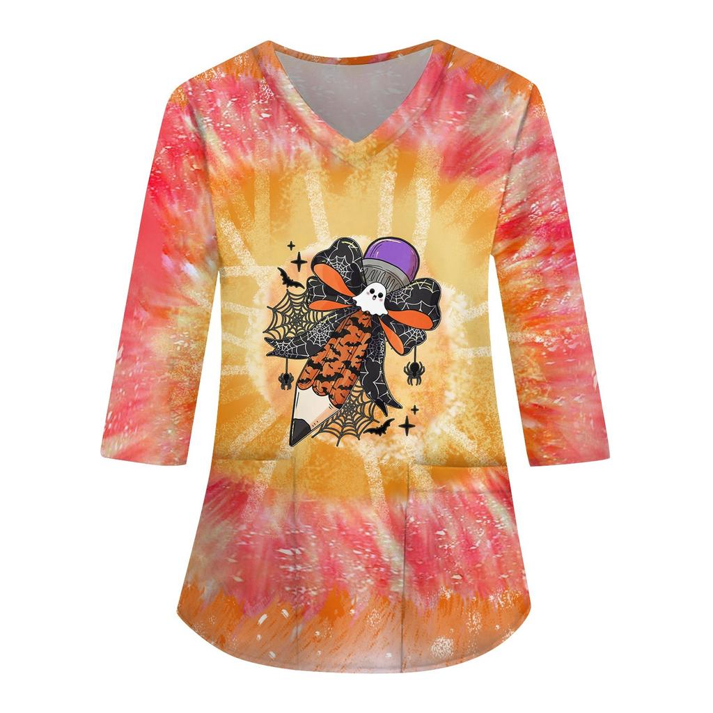 Women's Fashion Casual Halloween Print V-neck 3/4 Sleeve Uniform Overalls T-Shirt Top