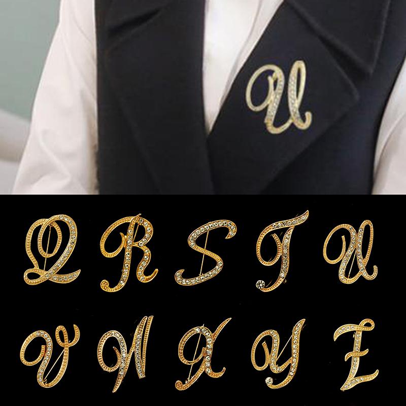 [HS]1Pc Fashion Rhinestone 26 English Letters Pin Golden Color Brooch Women Personality Clothing Accessory Trendy Gift