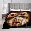 Surreal Face Print Bedding Set with Gray Tufted Headboard, Monkey Design Bedspread with Blue Eyes, Modern Bedroom Decor, White G